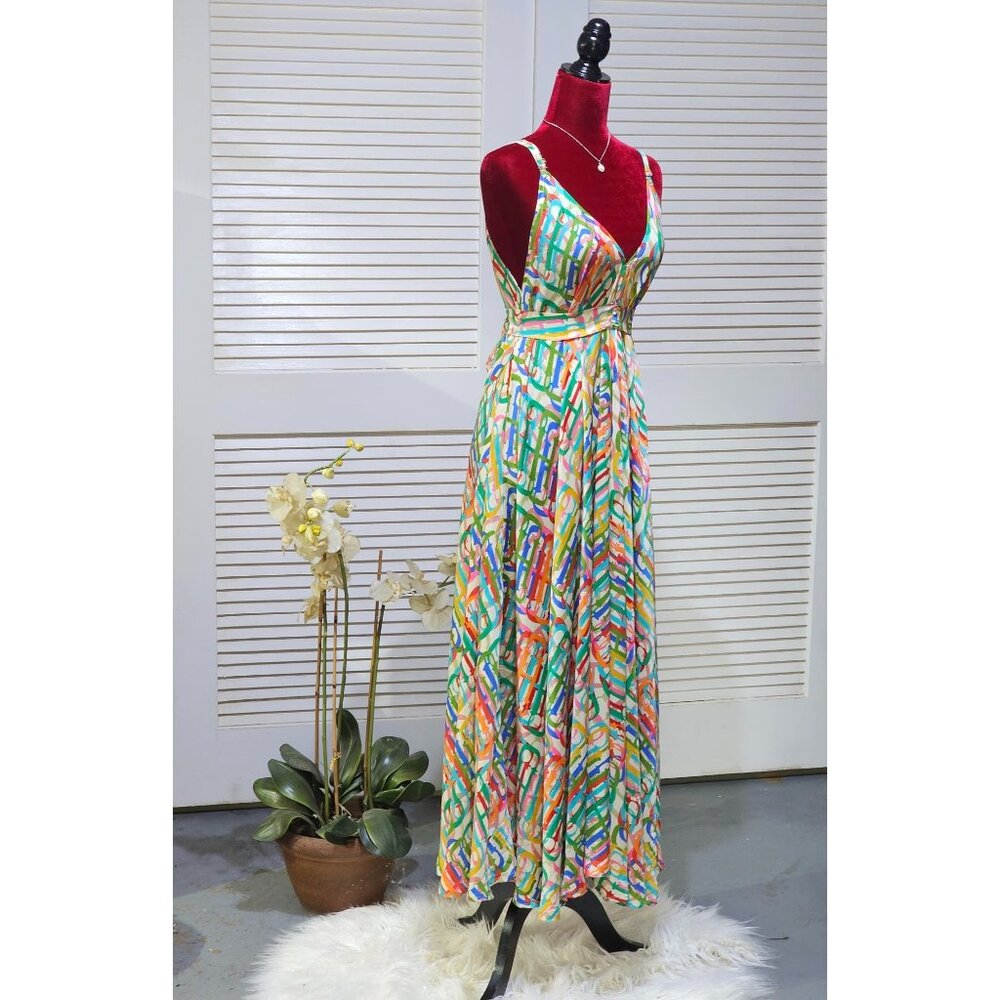 Advance Women's Multicolor Silk Maxi Dress Adjustable Tie One Sz Fits Most 2563 - Picture 3 of 10